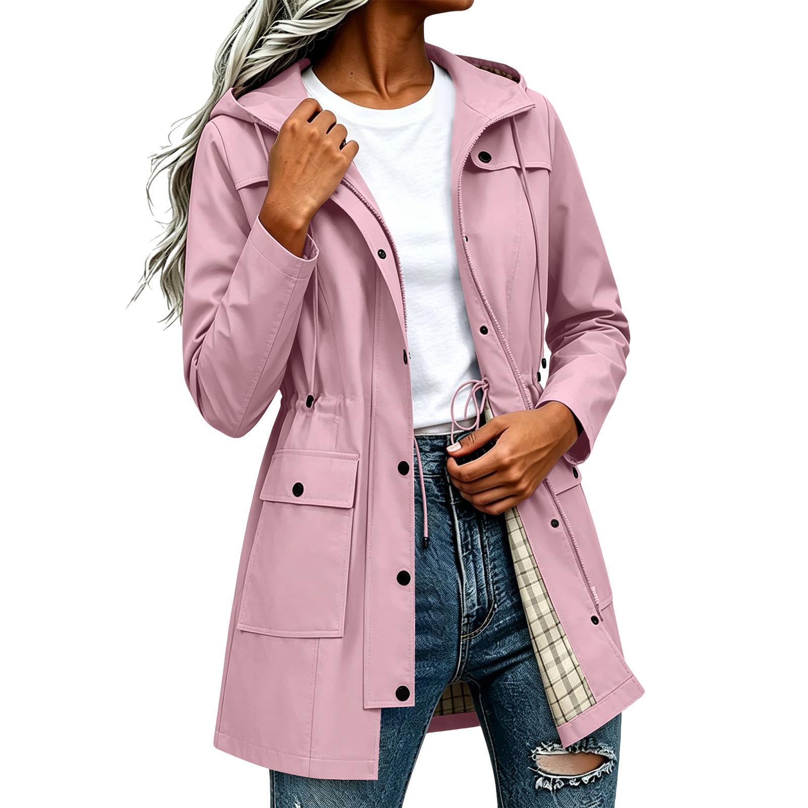 Znwerma warm waterproof coat womens Waterproof Jacket Lightweight for Women Ladies Windbreaker Rain Coats Full Zip Hooded Long Raincoat Casual Hiking Walking Outwear Pink