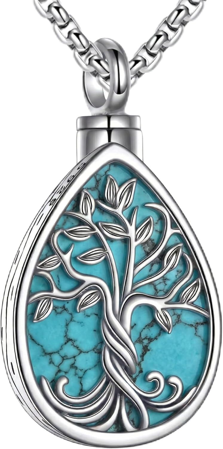 Urn Necklace for Ashes 18k White Gold Plated Opal/Tree of Life/Wolf/Cross Urn Pendant Necklace Cremation Memorial Jewelry Keepsake Gifts for Women