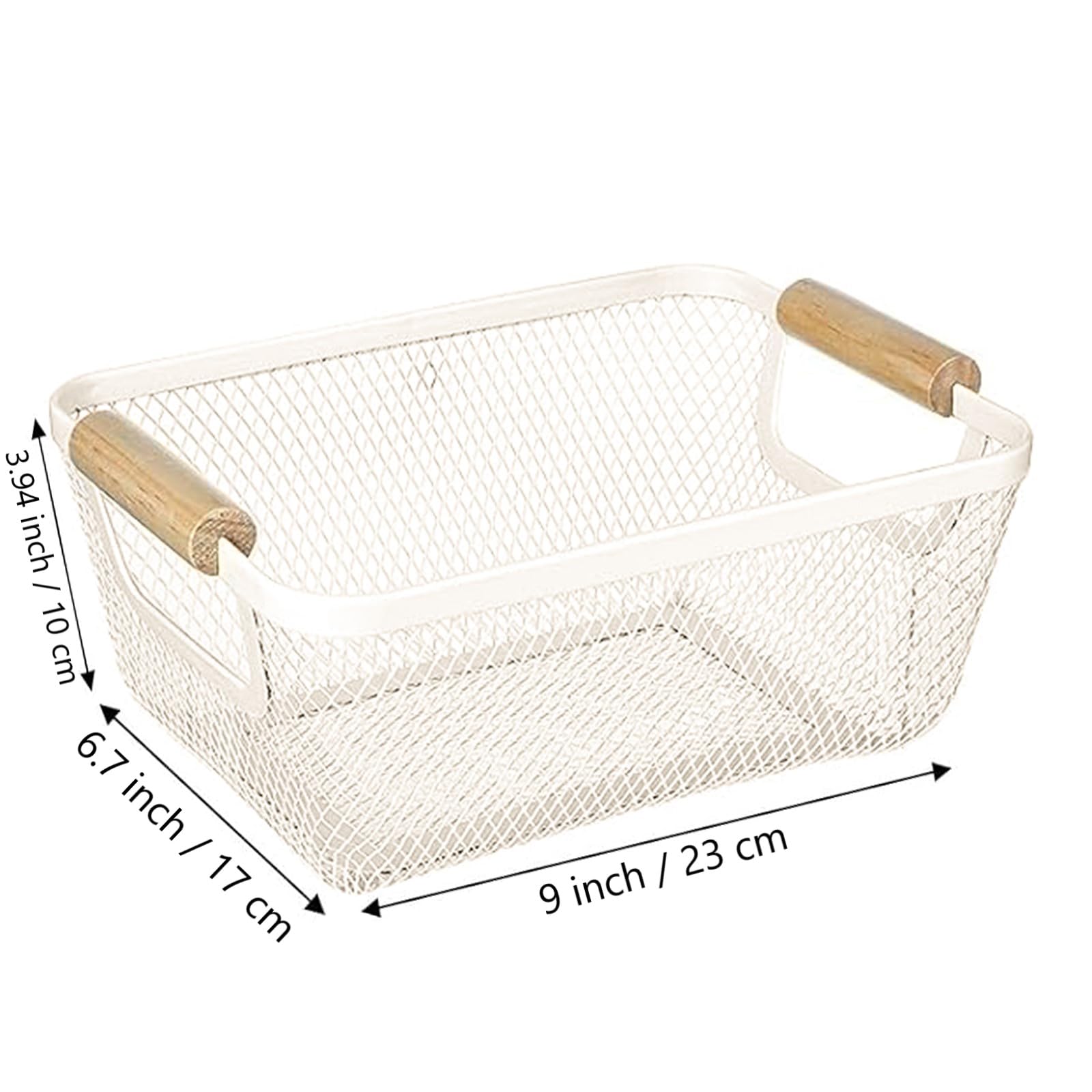 2er-Set Netz Stahl Lagerung Aufbewahrungskorb mit Holz Henkel, Rechteck Multifunktionaler Metalldraht Hängende Küchenkörbe Obstkorb für Küche, Bad, Speisekammer, Schrankhaus, Einkaufen, Weiß
