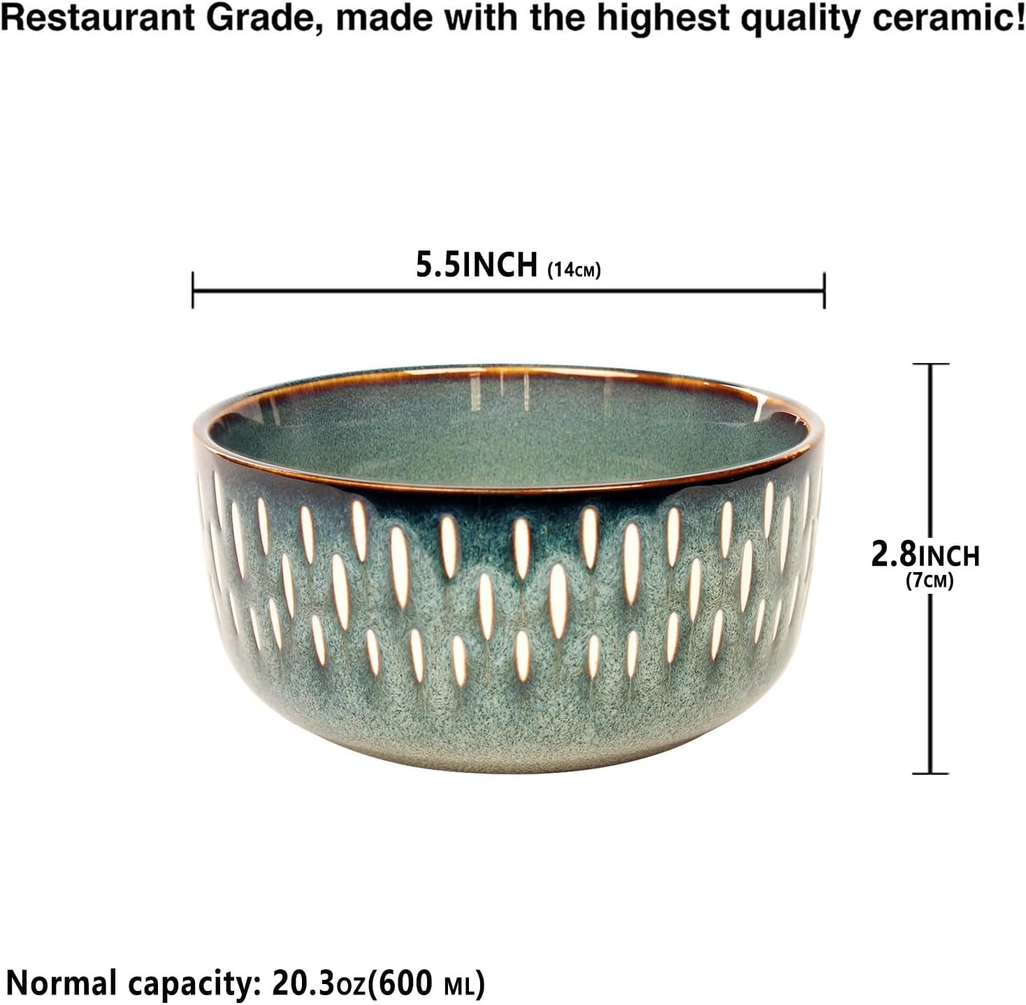 5.5 Inch Ceramic Cereal Bowls Set, 20 Ounce, for Soup, Salad, Pasta, Oatmeal, Ramen Bowls Set of 6 - Rice Dessert Cream Bowls Set - Chip Resistant Dishwasher Microwave Safe