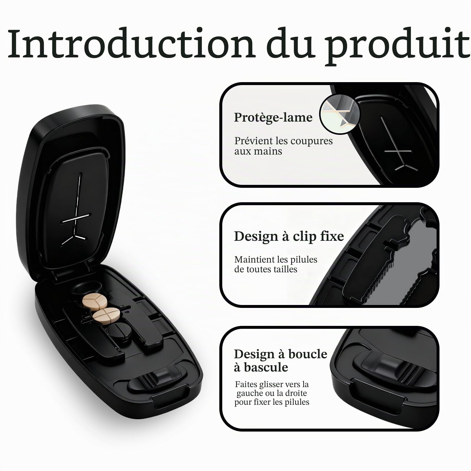 Coupe Combiné, Portable Coupe Medicaments Peut Diviser les Comprimés 1 en 2, 1 en 3, 1 en 4 pour les Voyages et la Maison (Noir)