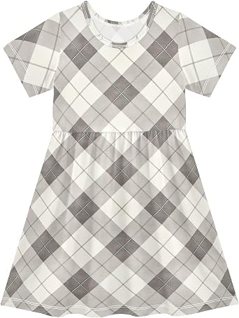 FRODOTGV Light Grey Beige Gingham Girls Summer Dress Short Sleeve Casual Loose Mini Dress for Toddler Girls