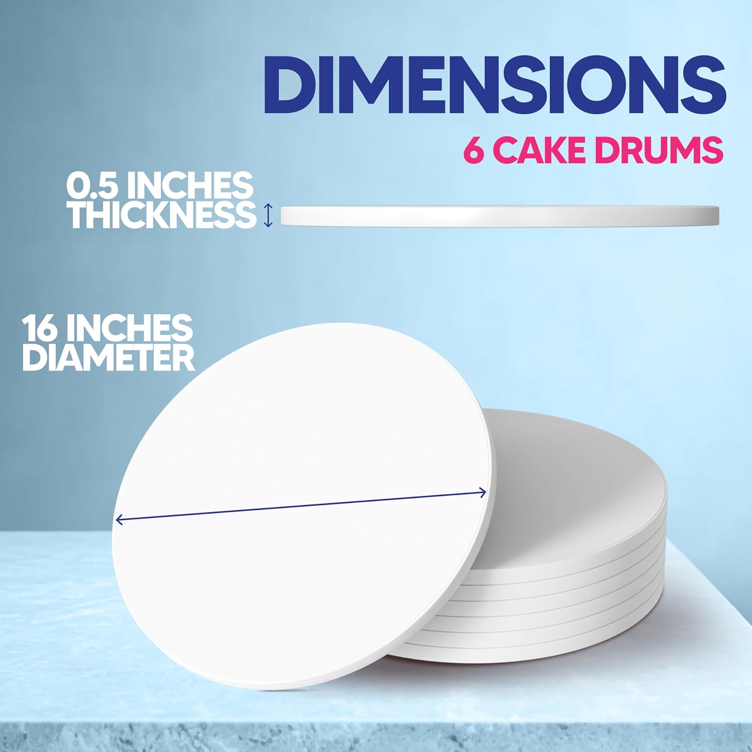 RICCLE Cake Boards - 16 Inch Cake Drum - Pack of 6 Smooth-Edged - Sturdy Cake Boards Round - Bend Resistant Multi-Layered Cake Base for Minimalist Displays (16 Inch)