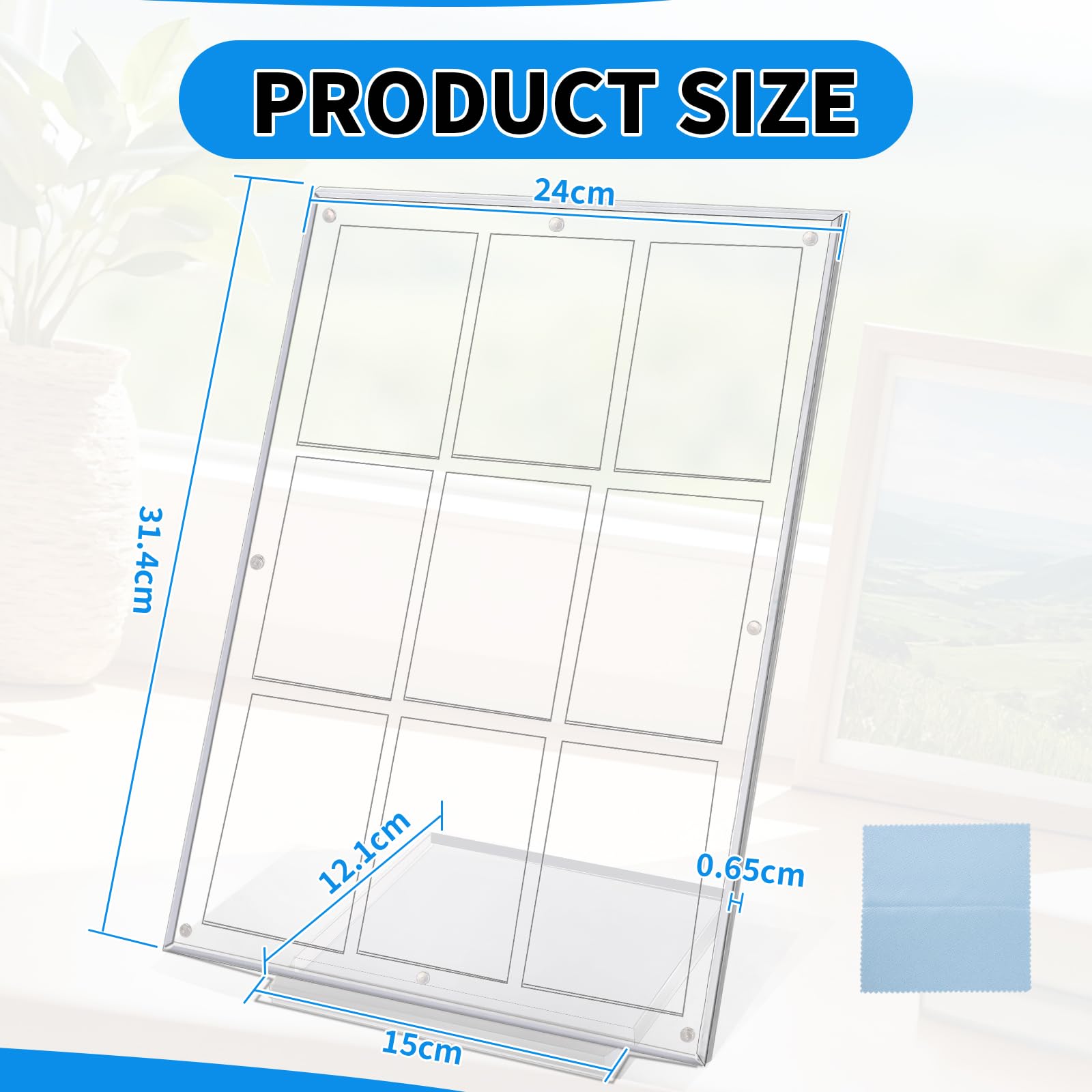 SWAWIS Porte-cartes en acrylique 31,4 x 24 x 0,65 cm avec socle, porte-cartes magnétique résistant aux UV, collections, photos, pour 9 emplacements pour cartes