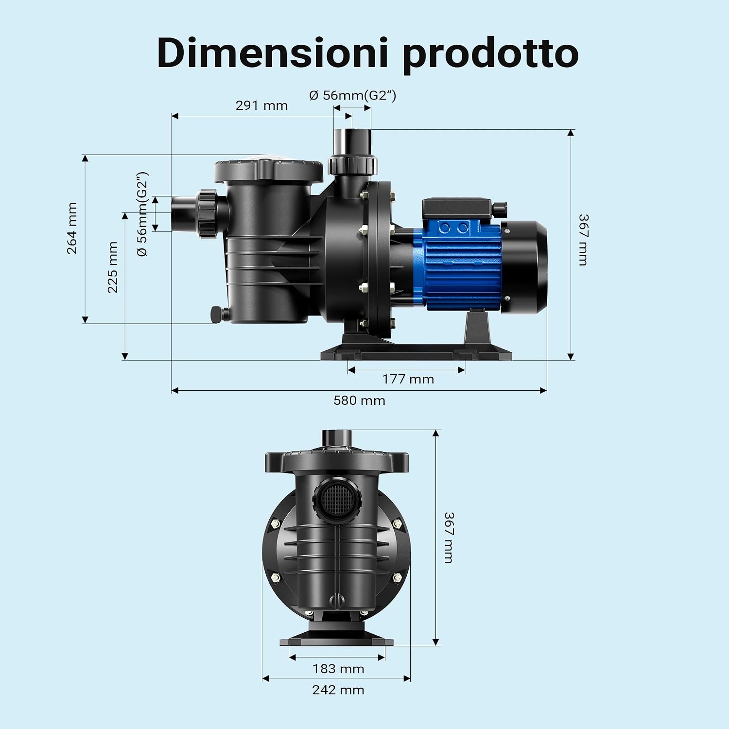 Technical drawing showing the dimensions of the Wiltec Pool Pump