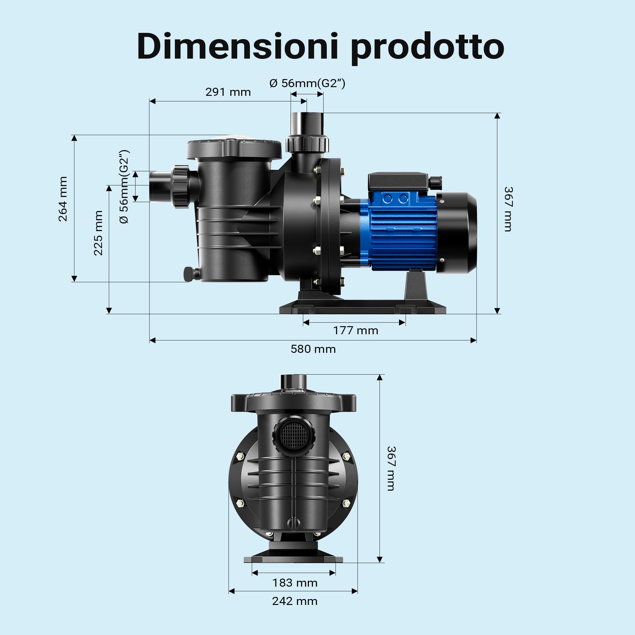 Wiltec Pompa per piscina da 18.600 l/h e 750 W per piscine da 74-110 m³, sistema di pompaggio con prevalenza di 13 m, pompa di ricircolo per piscine