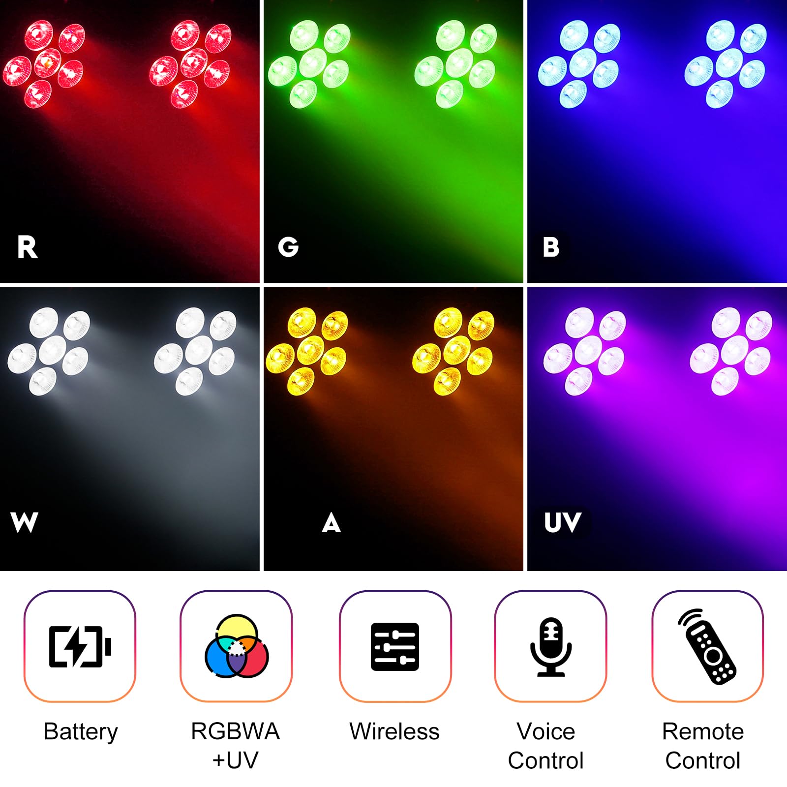 4er 60 W Akku LED Par Licht mit Lichtstativ und Fernbedienung, Wiederaufladbare 5200-mAh RGBWA+UV DMX Bühnenlicht mit Soundaktivierung DJ Uplights für disco Partys Hochzeiten Konzerte