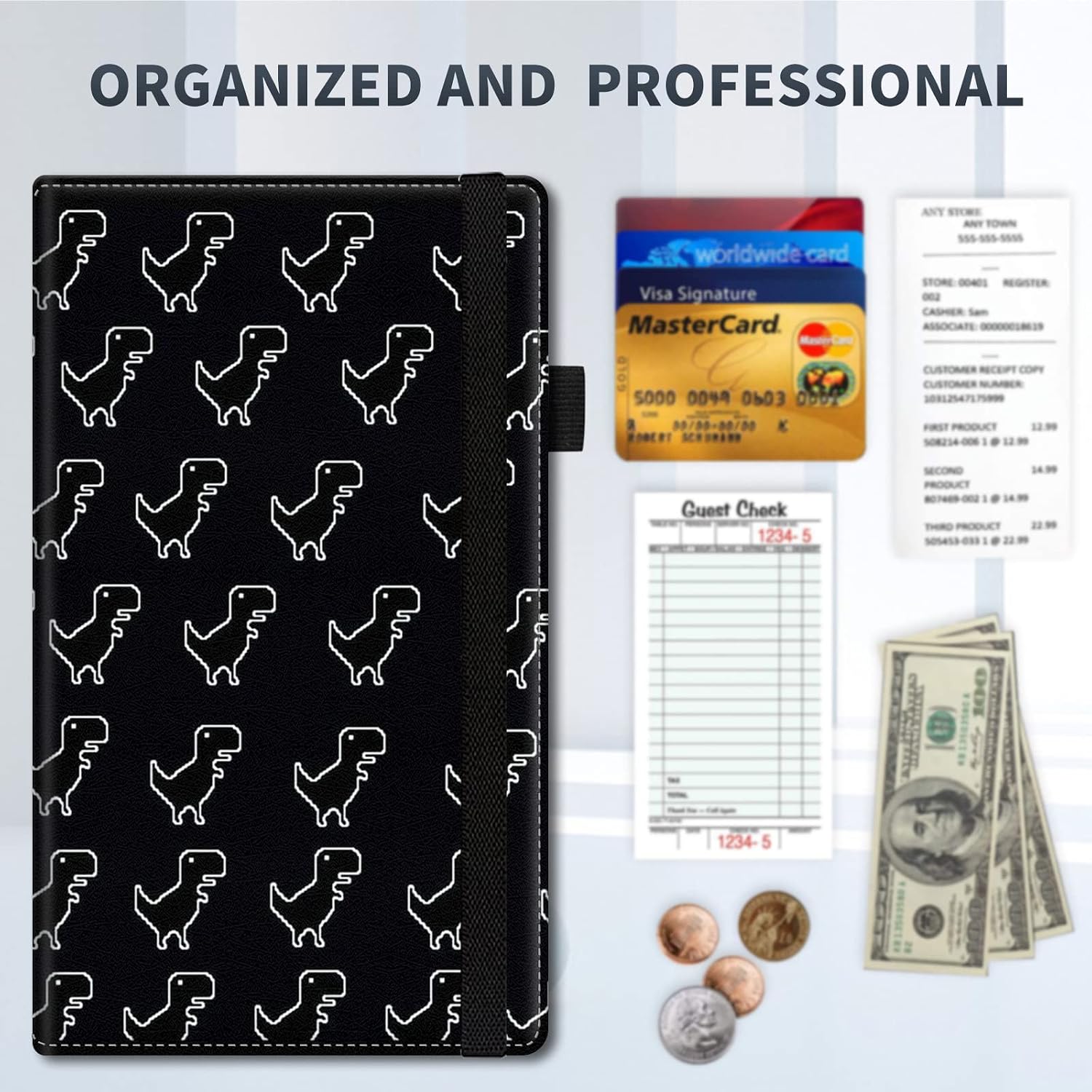 Server Book for Waitress with 11 Zipper Pocket,Waiter Book Server Wallet for Waiter Serving Book Guest Check Holder Restaurant Waitstaff Organizer for Server Apron, Little Dinosaur Black