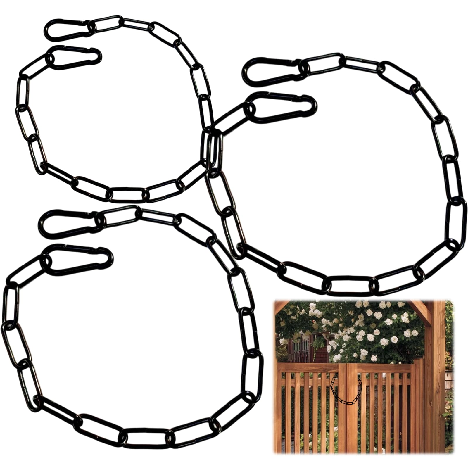 3PCS Heavy Duty Metal Chain, Black Garden Gate Chain with Carabiners, 50cm Metal for Fencing, Pet Enclosures, Outdoor Equipment Securing