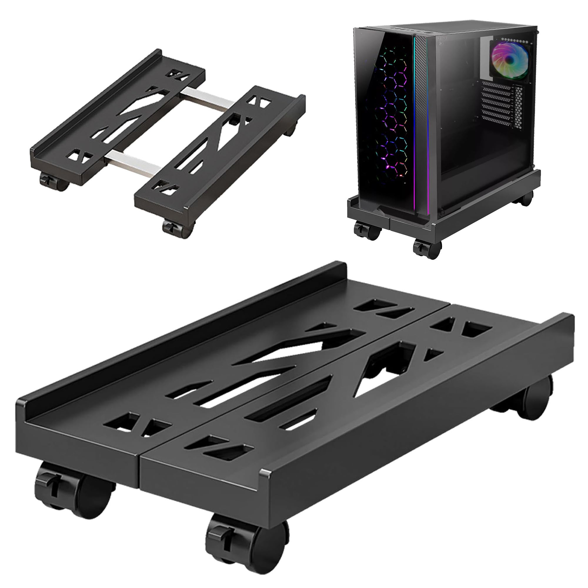 Supporto per PC con ruote: supporto universale regolabile per CPU, carrello sotto scrivania per PC tower, desktop, stampante (nero)