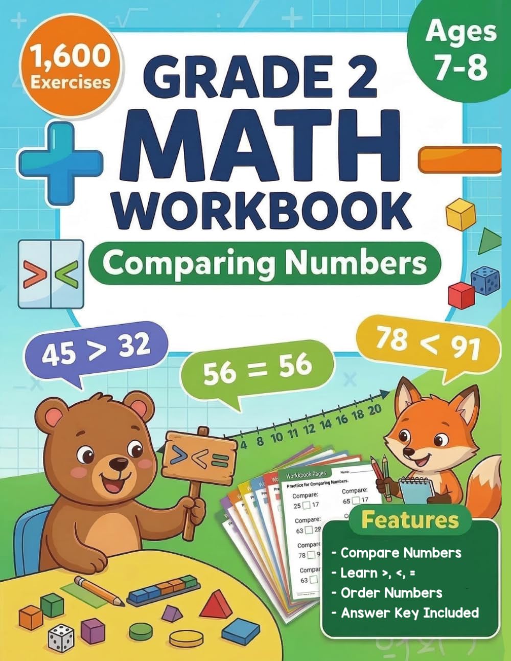 Comparing Numbers Math Workbook For Grade 2: Greater Than, Less Than & Equal To Practice with 2-Digit and 3-Digit Numbers, Ordering Numbers | 1,600 Problems with Answer Key For kids Ages 7-8