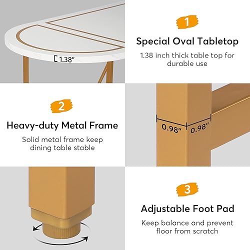 Miniatura 7 de Tribesigns Mesa de comedor moderna para 6 personas, mesa de comedor ovalada blanca dorada de 70.8 pulgadas con marco de metal, mesas de cocina para