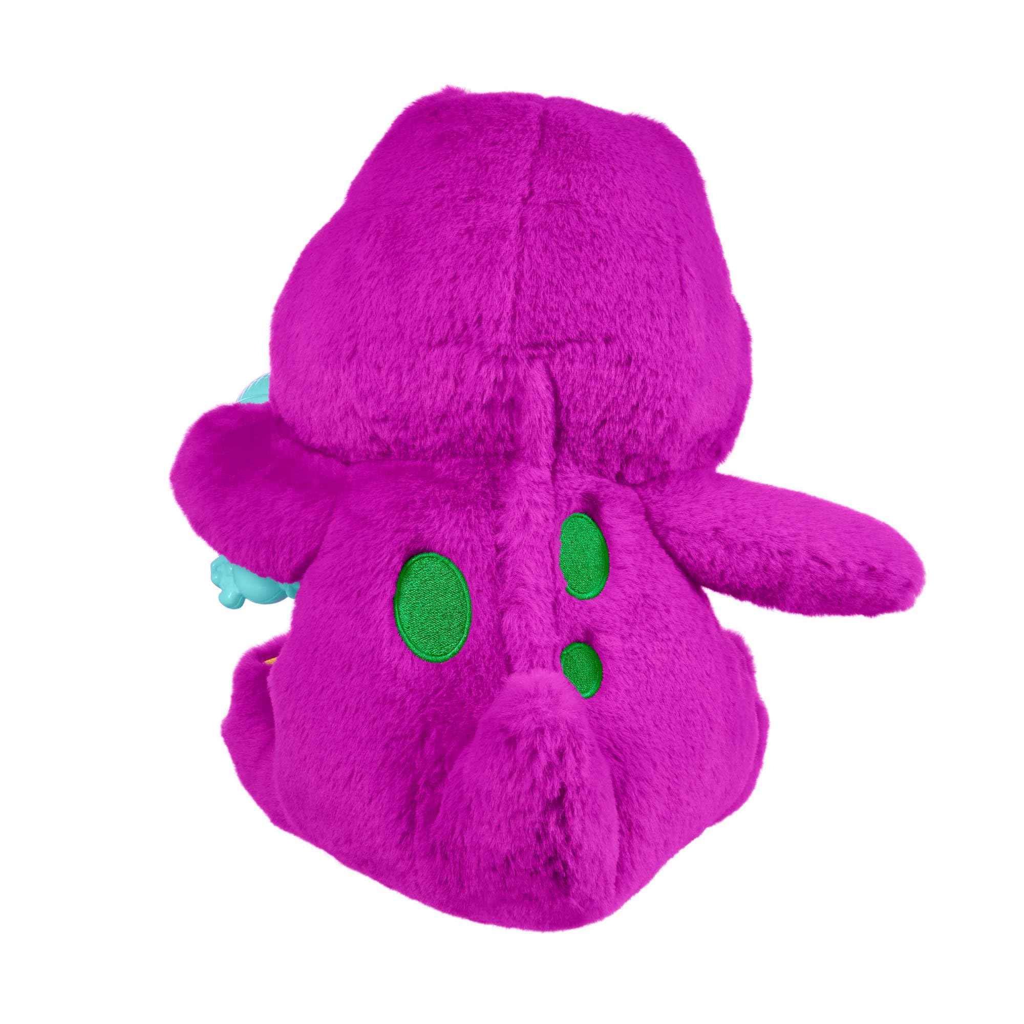 Barney World - Juguetes para niños pequeños, felpa alta, figura de 10.5 pulgadas con sonidos, textura suave para jugar, niños a partir de 2 años, versión multilingüe en inglés, francés, alemán