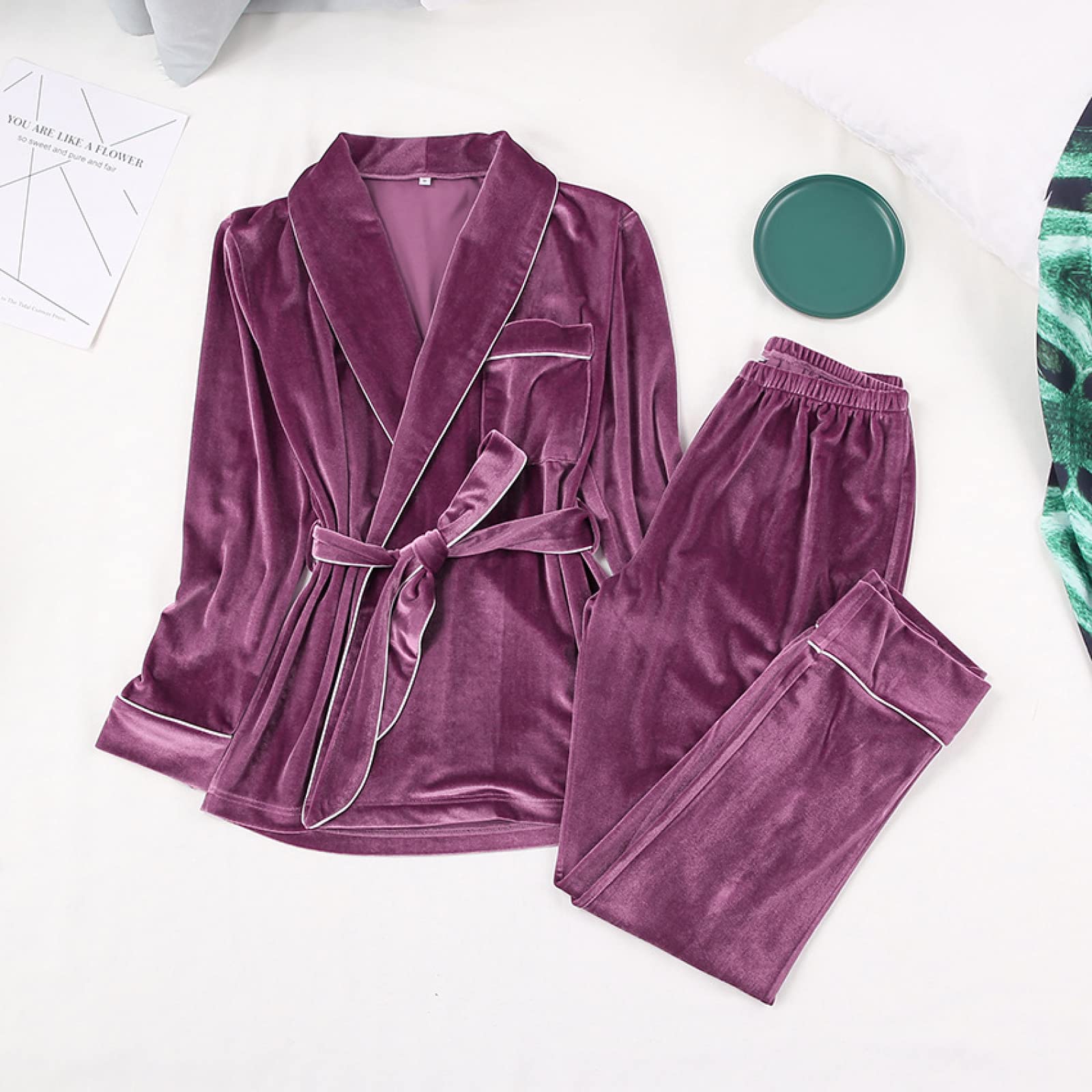 Conjunto De Dos Piezas De Pijama De Manga Larga para Mujer, Conjunto De Cárdigan Cálido Y Cómodo, Camisón Sexy para Mujer, Púrpura, L