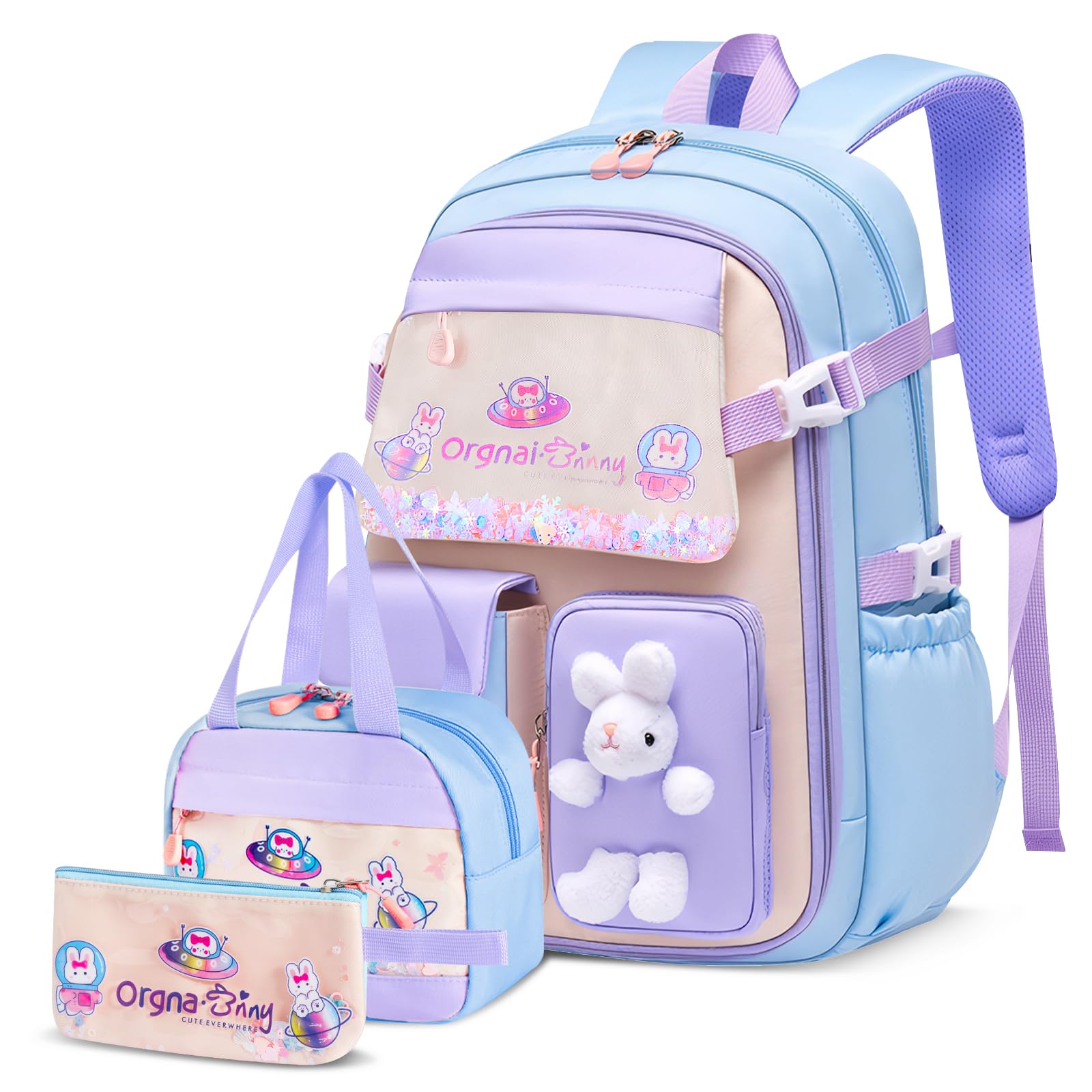 Tanou Sac d'école Fille Primaire, Cartable Scolaire Kawaii en 3 Pièces | Léger et Confortable Sac à Dos Fille avec Sac repas et Trousses, CE1 au CM2, Bleu