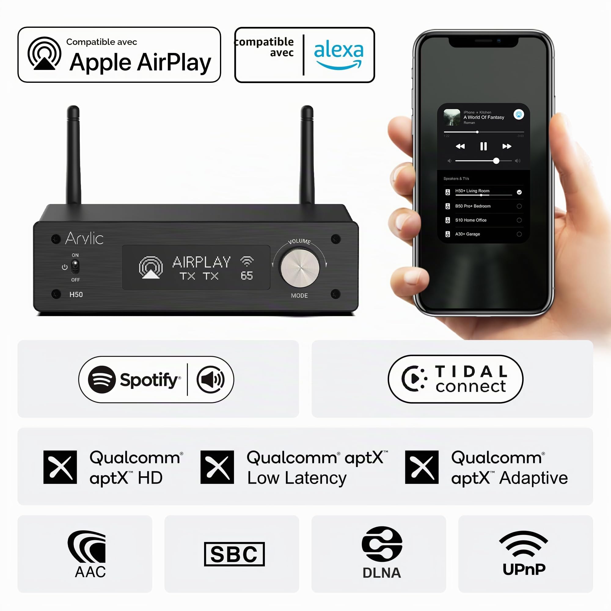 Arylic H50 Amplificateur Wi-FI Hi-FI Multiroom avec Bluetooth aptX HD, HDMI Arc, AirPlay et Spotify Streaming pour Musique Domestique sans Fil. Prend en Charge la Transmission et la réception de