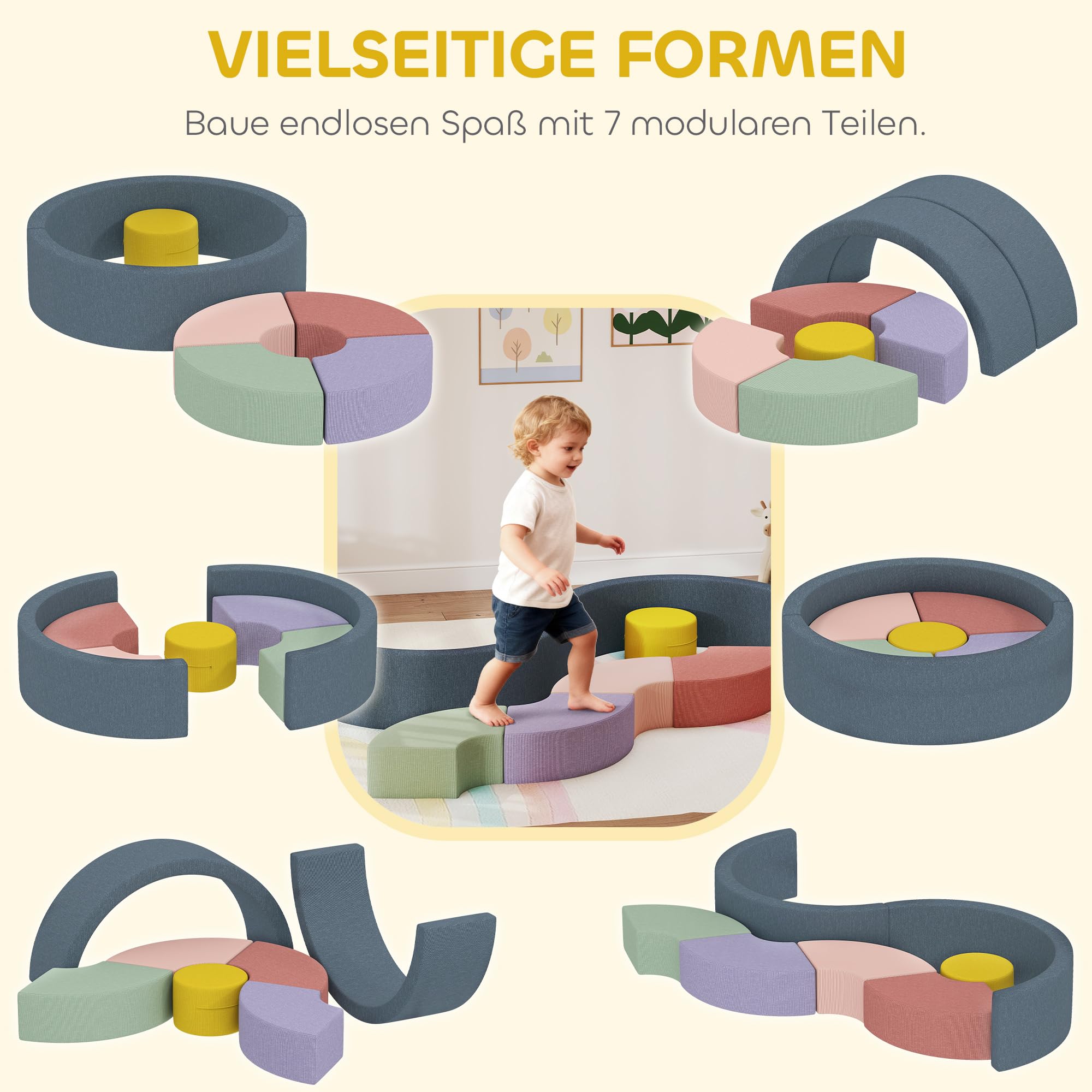 AIYAPLAY Schaumstoff Bausteine 7er-Set Kinder Softbausteine Riesenbausteine mit Cord-Optik Kletterblöcke Großbausteine Bauklötze Bunt