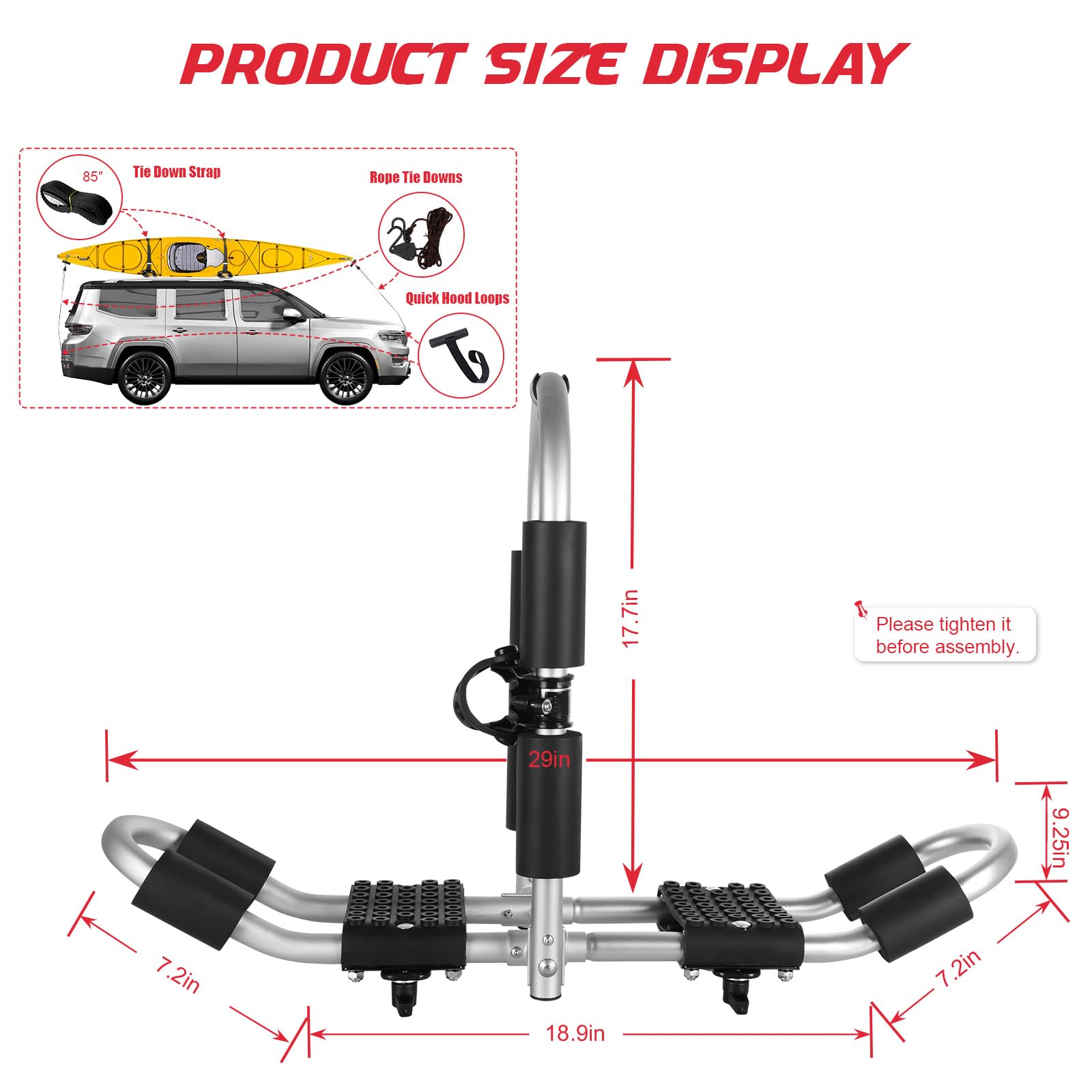 Adjustable Folding J-Bar Kayak Roof Rack - Fits Car/SUV/Truck Crossbars, For Kayaks, Canoes, SUPs (KRF-123)