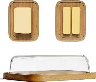 Large Glass Butter Dish With Lid for Countertop and Fridge, Bamboo Butter Holder/Tray, Covered Butter Container, Wide Butter Keeper with Cover for 2 Sticks East Coast/West Coast Butter