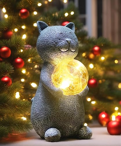 Miniatura 8 de Tiejiajiang Estatua solar de gato para decoración de jardín, regalos para amantes de los gatos, con luces LED solares miradoras, decoración de gato