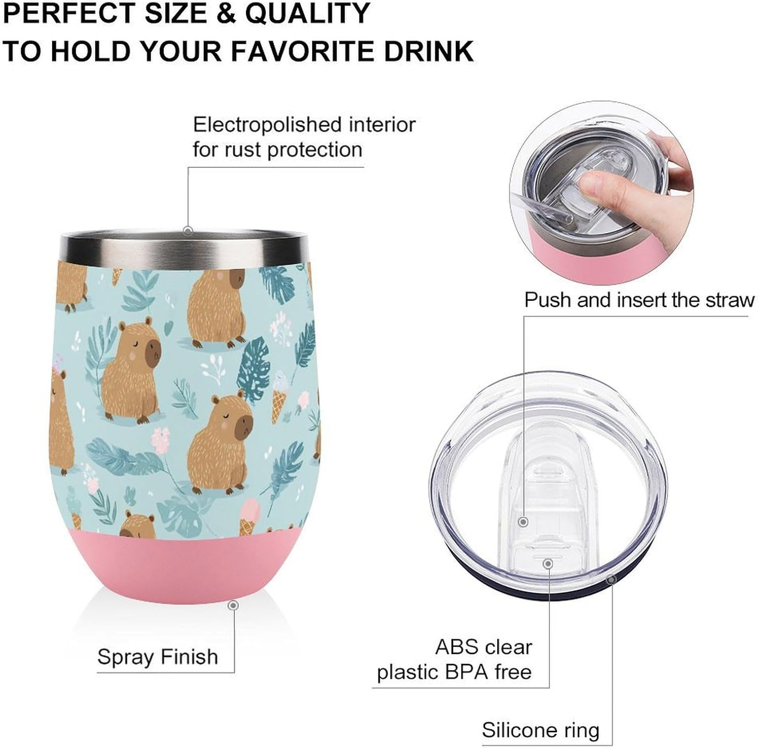 Capybaras Monstera Ice Cream Cone Insulated Drinking Cup Stainless Steel Coffee Mug Wine Tumbler with Lid 12OZ