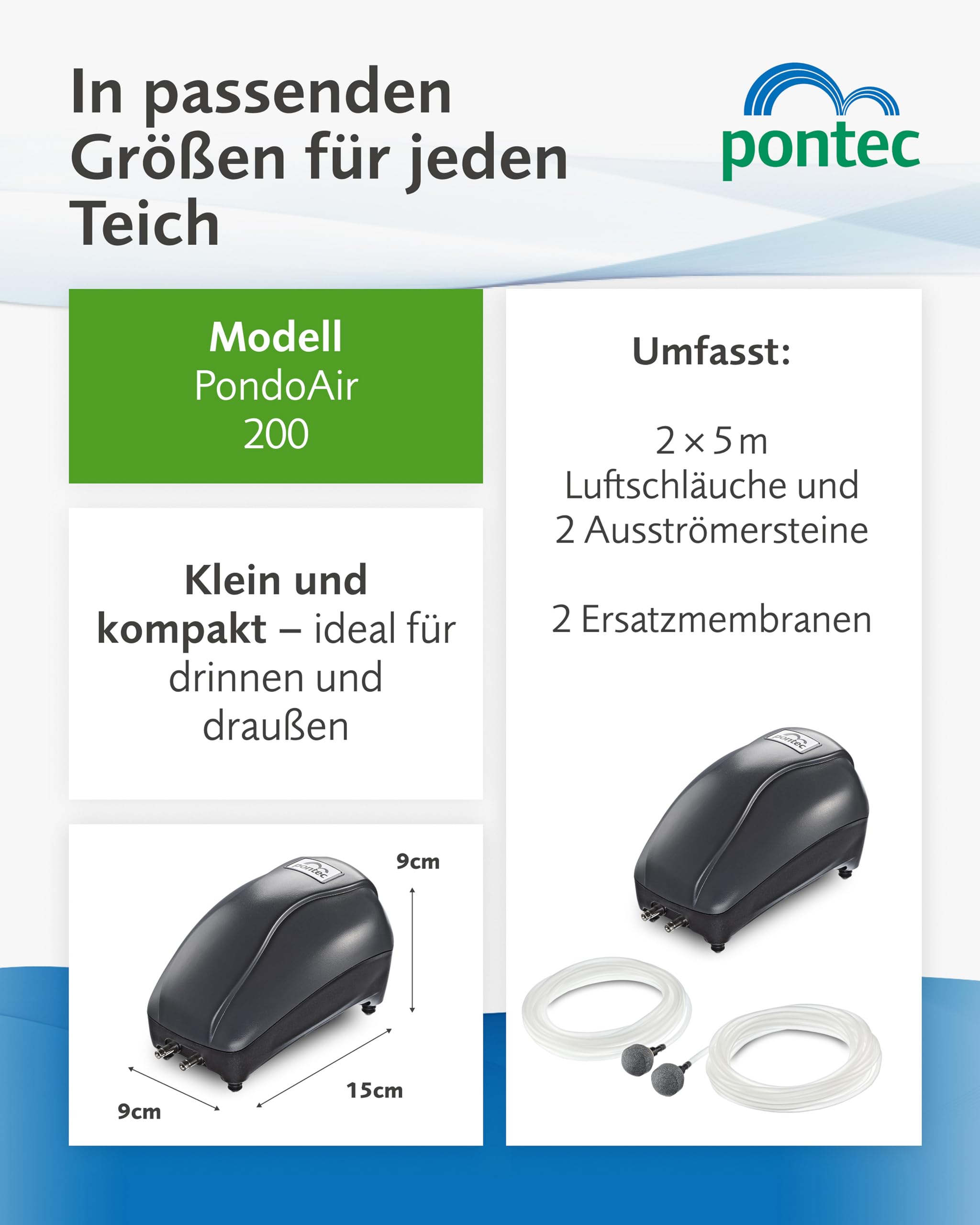 Pontec PondoAir Set 200 - Luftpumpen-Set zur Sauerstoffversorgung von Flora und Fauna / Teichbelüfter für den Einsatz an Teichen bis 2.000 l, Schwarz