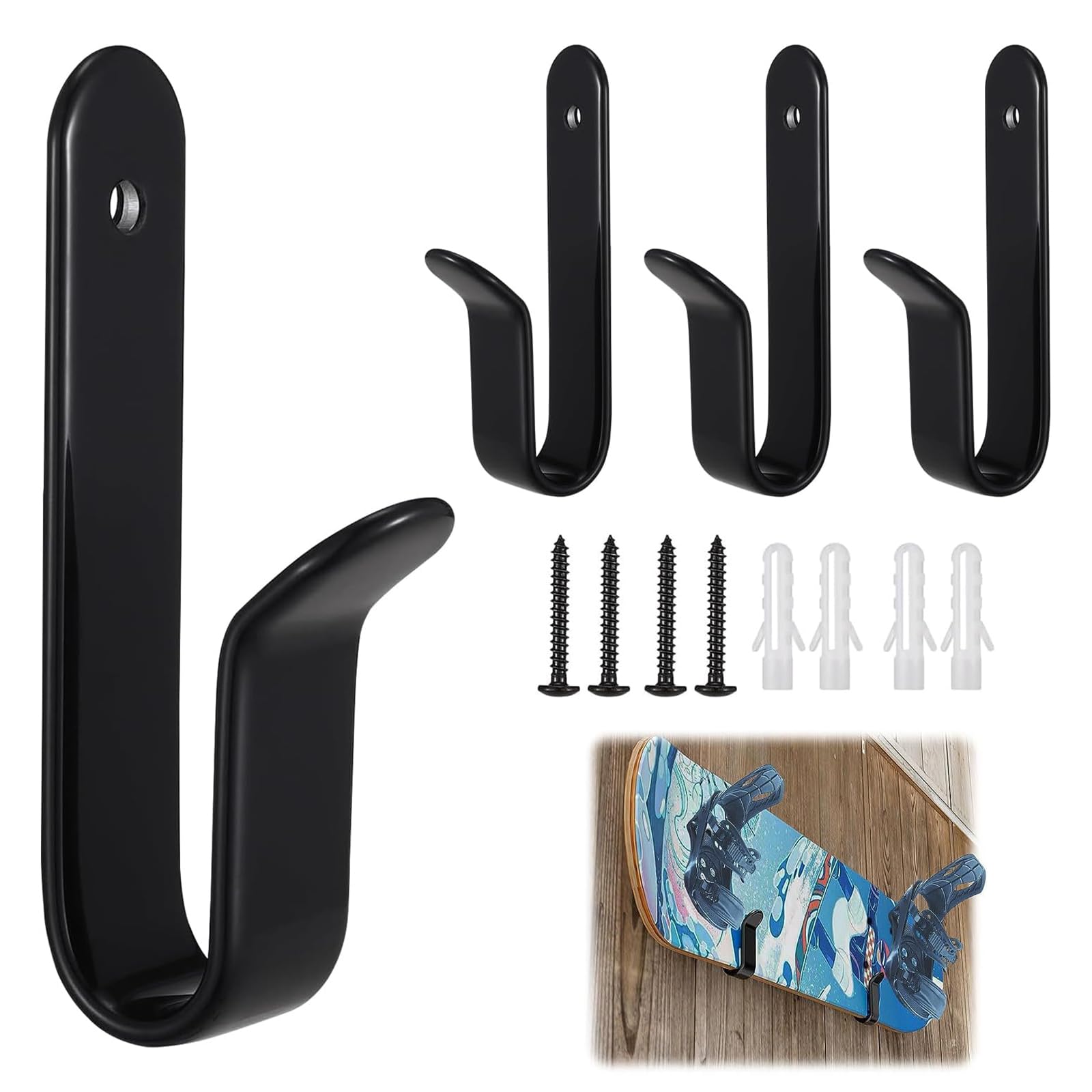 4Pcs Skateboard Wall Mount, Snowboard Holder with Mounting Screws, Snowboard Wall Mount Surfboard Paddle Board Wall Rack Skateboard Display, Indoor Towel Robe Coat Hook with Screws for Room Garage
