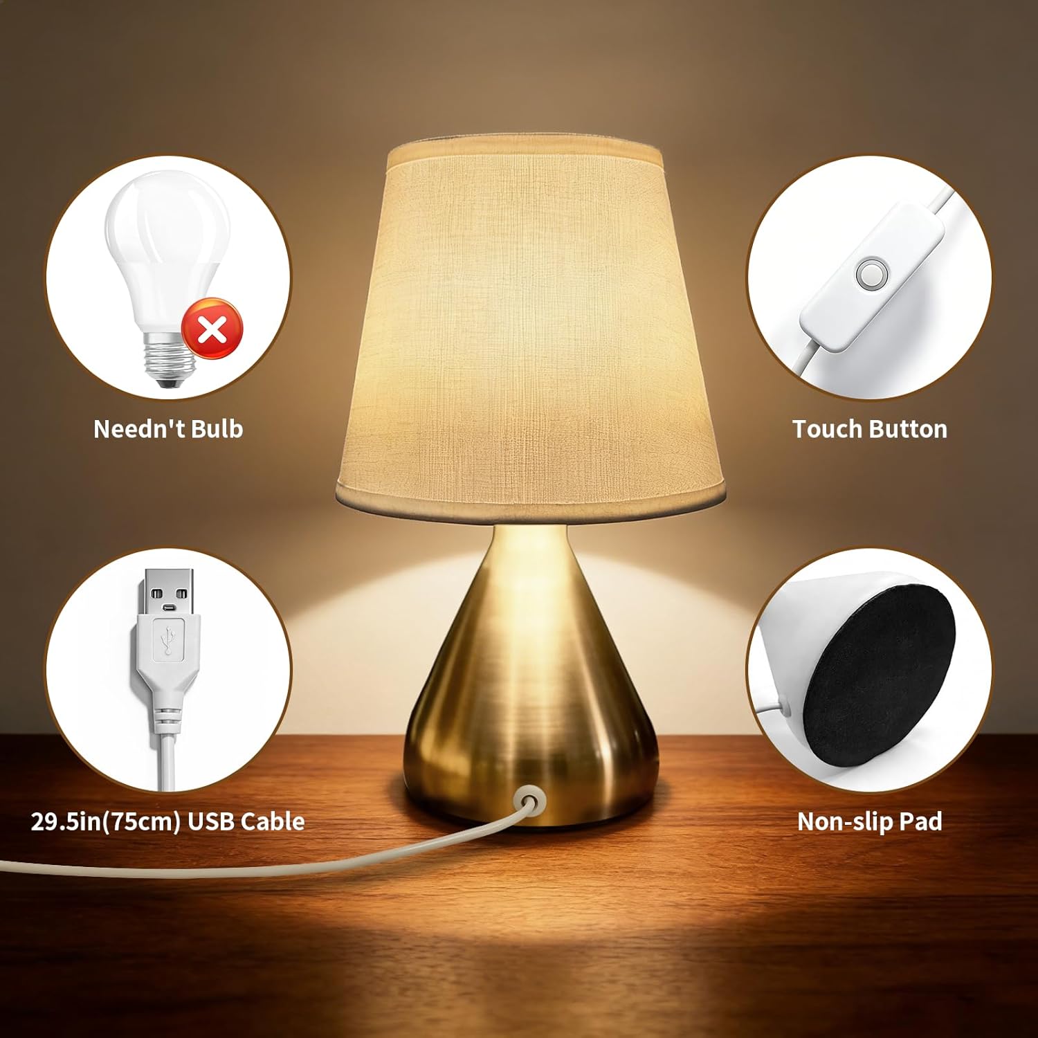 Hyphenx USB Powered Warm Light Farmhouse Bedside Lamp for Bedroom, Nightstand Table Lamp with Fabric Shade, Desk Lamp for Kids Reading and Home Office （Gold）