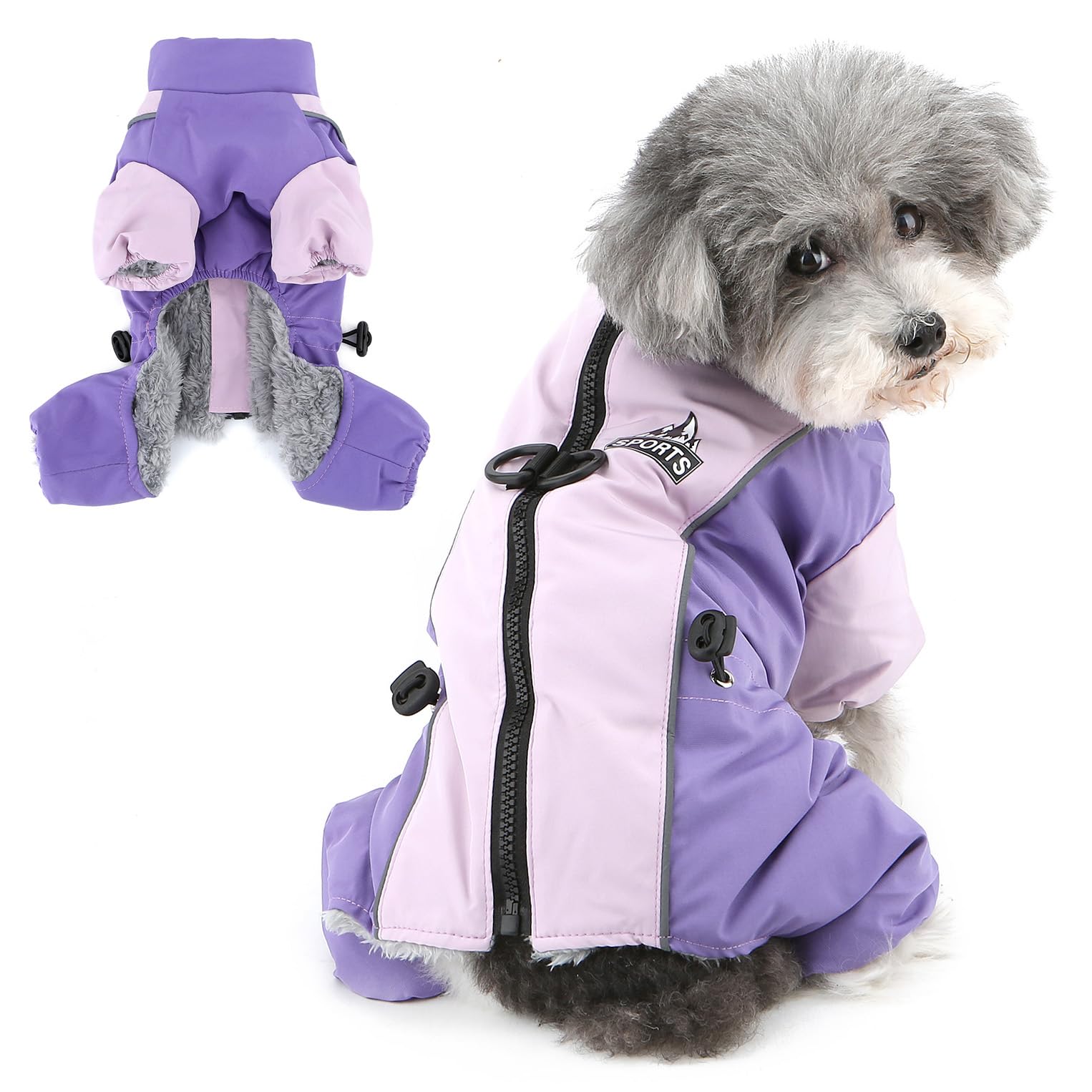Ranphy Fleece Lined Dog Coat for Small Dogs Soft Waterproof Puppy Jumpsuit with Double D-Ring Reflective Colorblock Pet Jacket Warm Adjustable Winter Snowsuit Chihuahua Yorkie Cat Clothes Purple S