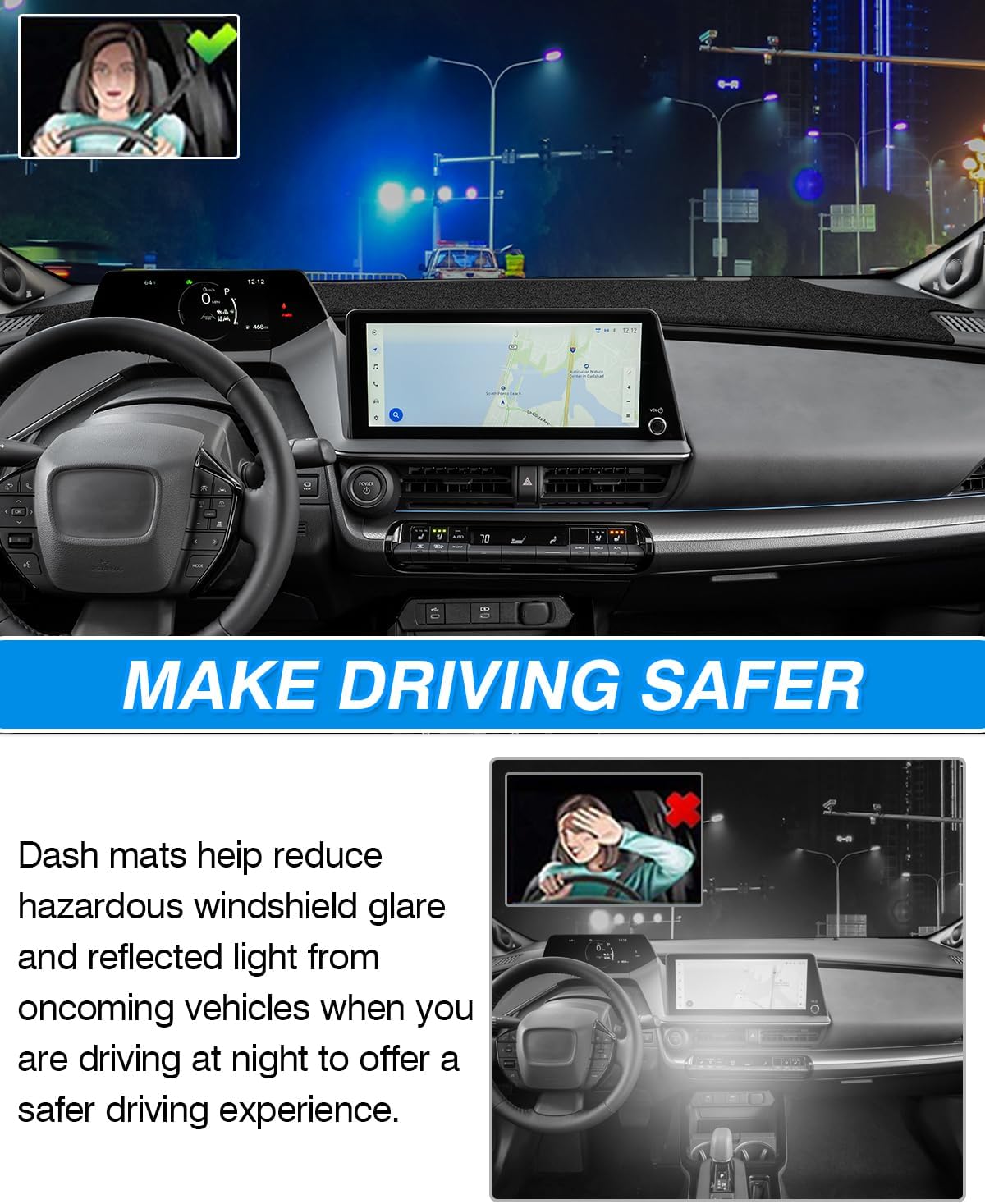 CARTIST Dash Cover Compatible with Toyota Pruis 2022 2023 2024 2025 2026 Dashboard Cover Mat Non-Slip Carpet Sunshield Glare UV Rays Protector