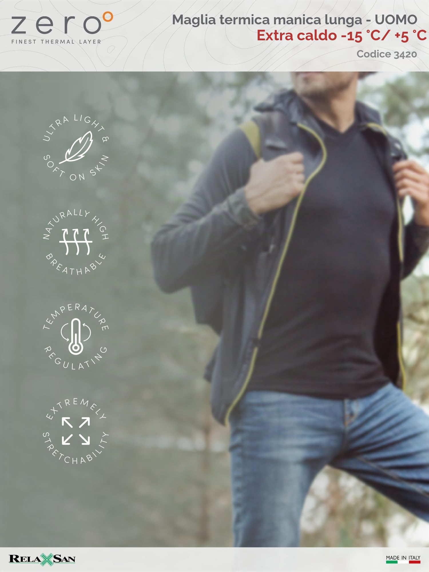 Relaxsan Zero Maglia Termica Uomo Manica Lunga, con Lana Merino, Made in Italy, cod. 3020