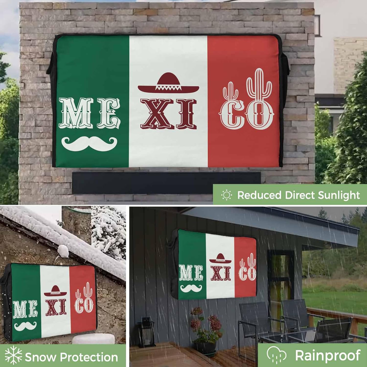 4th of July Outdoor TV Cover 75 Inch Mexican Flag TV Enclosure Independence Day Mexico Cactus Beard TV Covers for Outside Holiday TV Display Screen Protector with Remote Control Pocket