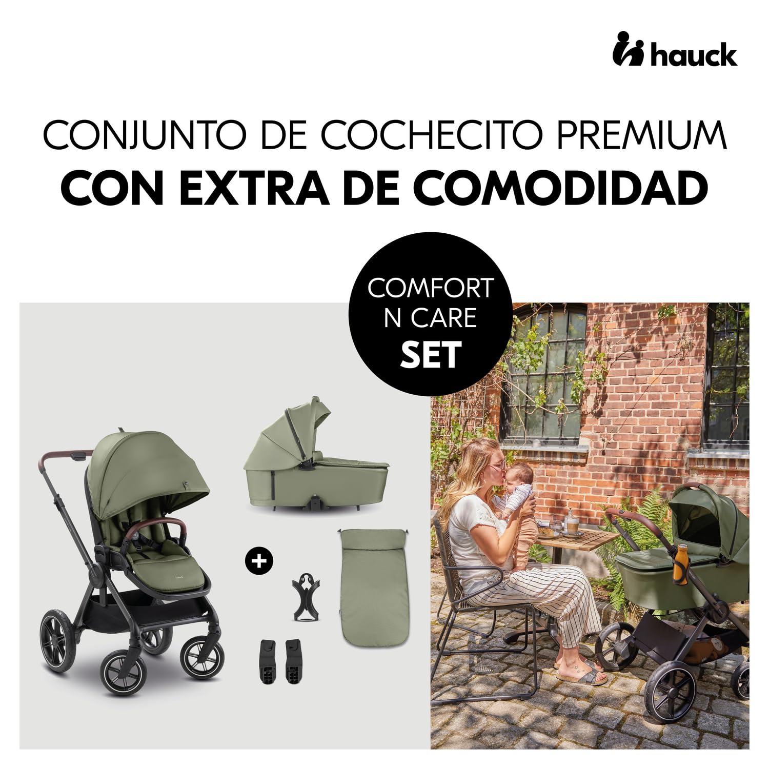 hauck Comfort N Care Set Cochecito 2in1 | Carrito Bebé desde Nacimiento hasta 22 kg - Capazo XL - Ruedas de Goma con Suspensión - Silla de Paseo Ligera Reversible y Reclinable - con Adaptador - Oliva