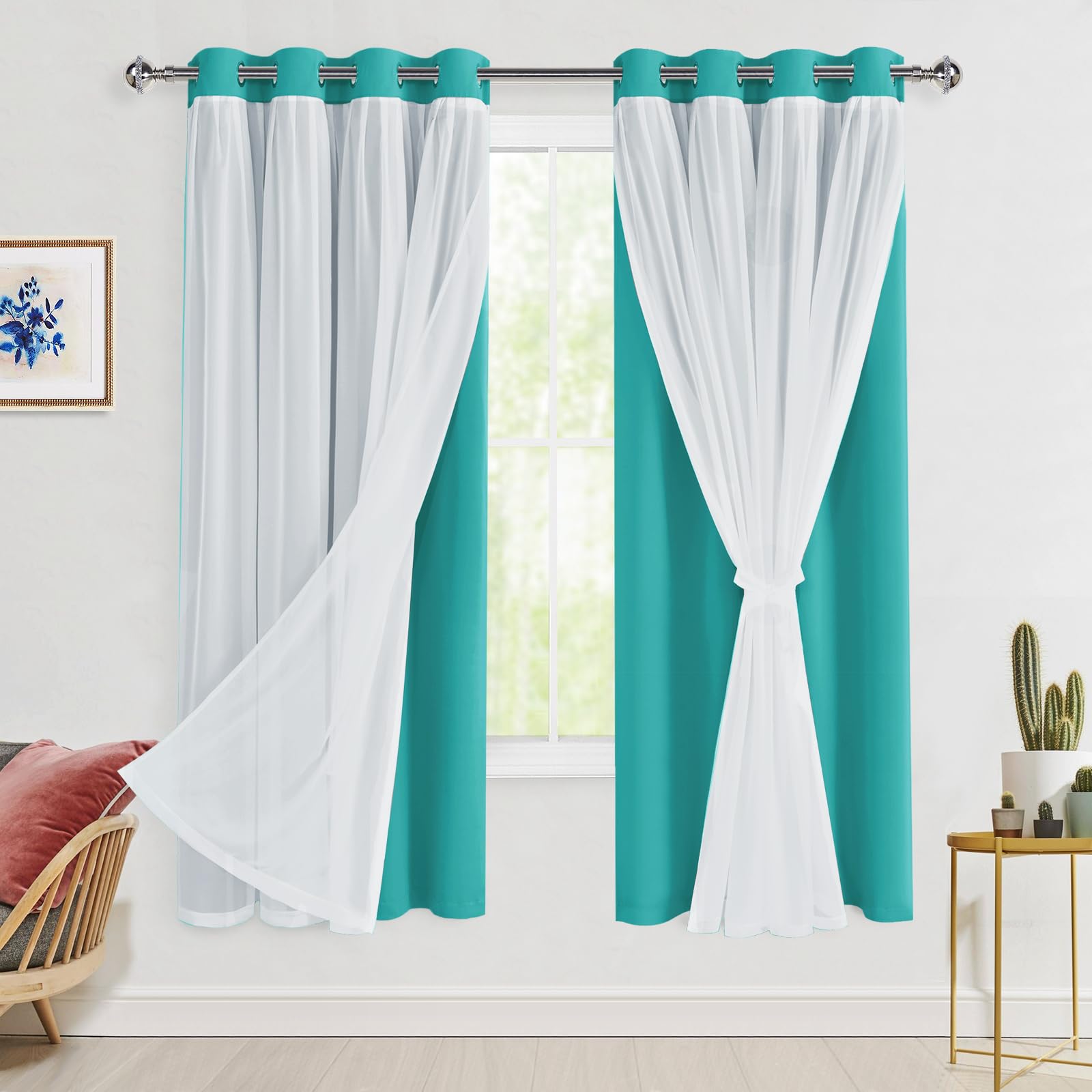Rideaux occultants double couche bleu paon isolants thermiques