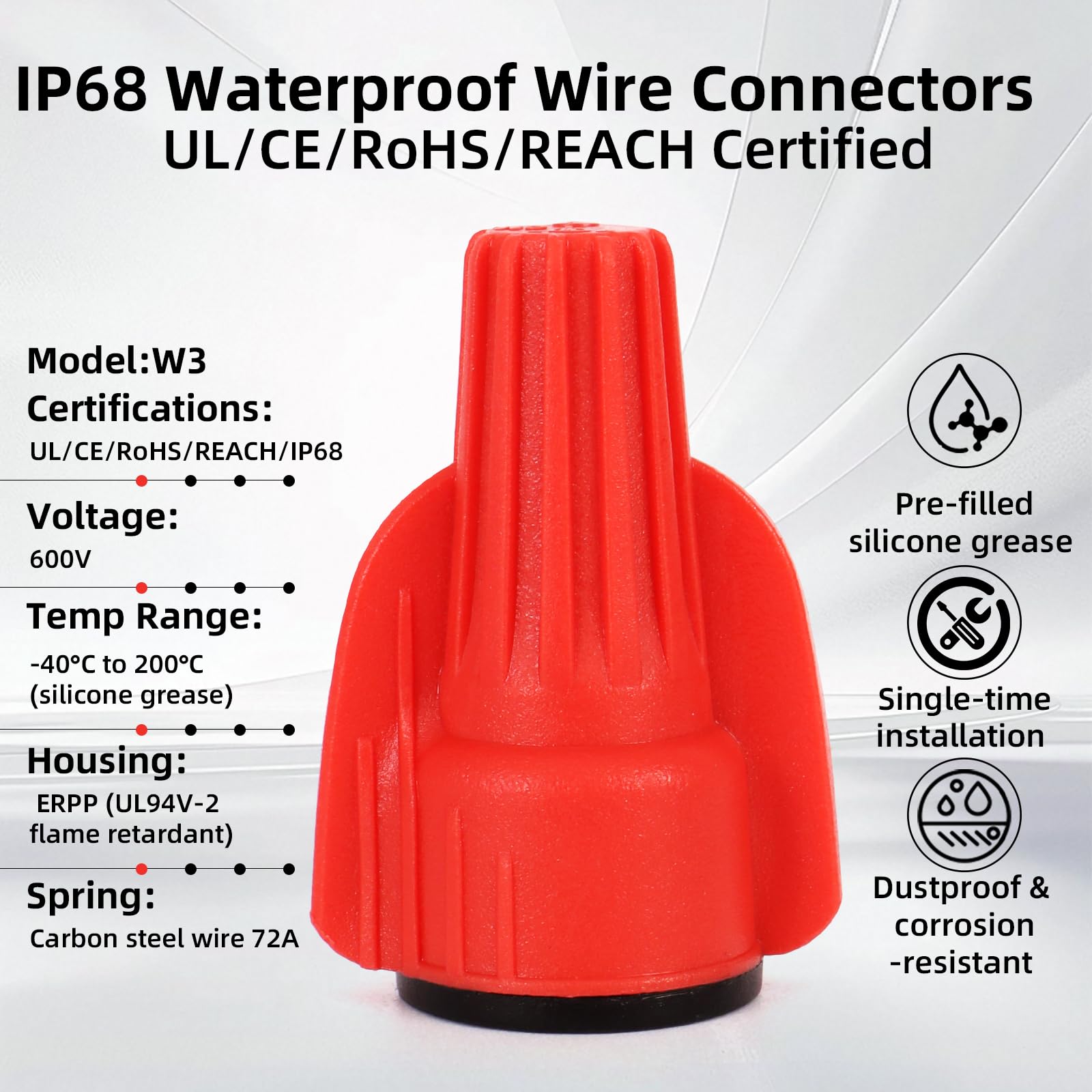 Lenporl IP68 wodoszczelne złącza W3 do przewodów elektrycznych wypełnionych silikonem ze sprężyną, certyfikat UL/CE/RoHS do 18-10 AWG, idealne do oświetlenia zewnętrznego, nawadniania