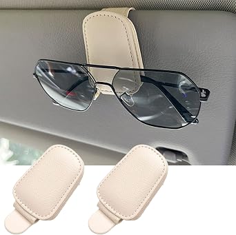 GoldenLife Sunglass Holder for Car, Magnetic Leather Sunglasses Holder and Ticket Card Clip, Car Visor Accessories, 2 Packs(Beige)