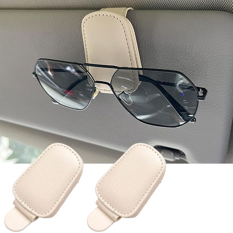 GoldenLife Porta-Óculos Magnético para Para-Sol em Couro Sintético Bege, Clipe para Óculos e Cartões, Kit com 2 unidades