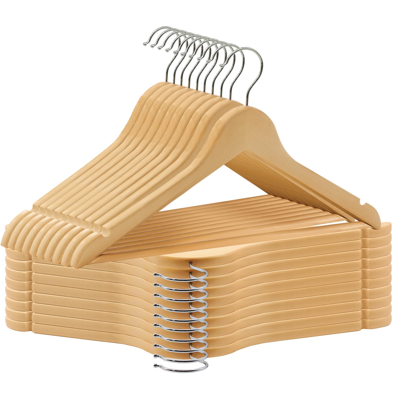ABHENG Set de 20 Perchas de Madera para Ropa, Gancho Giratorio 360°, con entalladuras Antideslizantes, para Chaquetas, Camisas, Vestidos, 44.5 x 21.5 x 0.85 cm, Natural AWY0520N