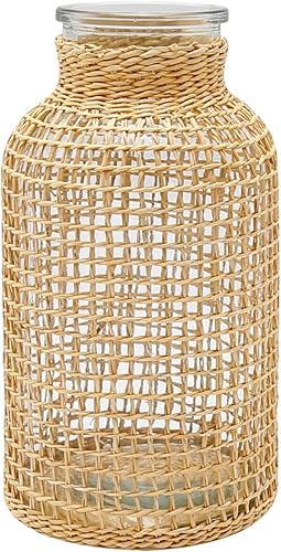 Miniatura 9 de MDEOOSKY Jarrón de vidrio tejido de paja de 8.06 x 2.75 x 3.93 pulgadas, jarrón de vidrio bohemio de estilo rústico para arreglos florales, altura