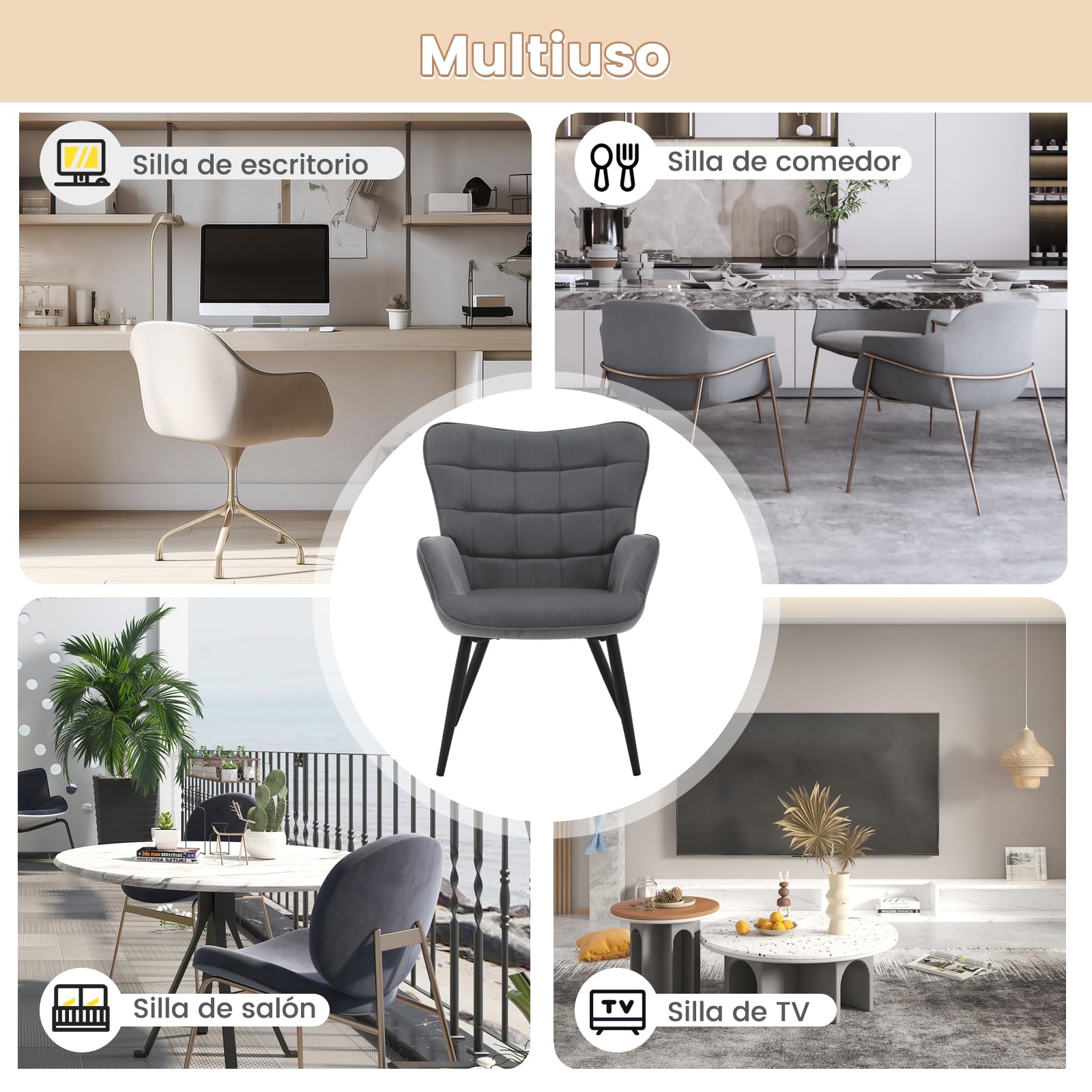 WOLTU Butaca de Salón, Sillón Relax Moderno, con Orejas, Gris Oscuro | Silla Individual para Dormitorio y Tocador, Tela de pana, Patas Metálicas, Silla Cómoda para Lectura u Ocio, 63,5x68x87 cm