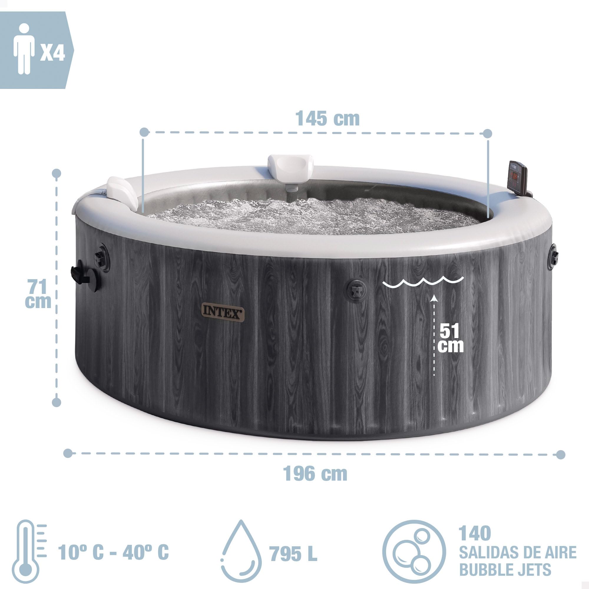 INTEX PureSpa Greywood Deluxe - Whirlpool für 4-Personen, mit grauer Holzmaserung, 140 Luftdüsen, 2200 W Heizung, mit LED-Beleuchtung, Wasserenthärtungssystem & App-Steuerung