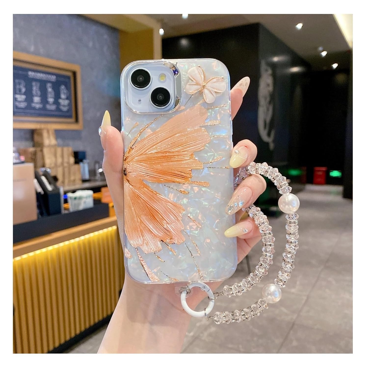 SPARKUP Glitter Cute Butterfly Wings Design Back Cover with Steel Camera Protection and Bracelet I Soft Silicone Shockproof I Compatible with iPhone I Case for Women Girls – Orange (iPhone 13 Pro)