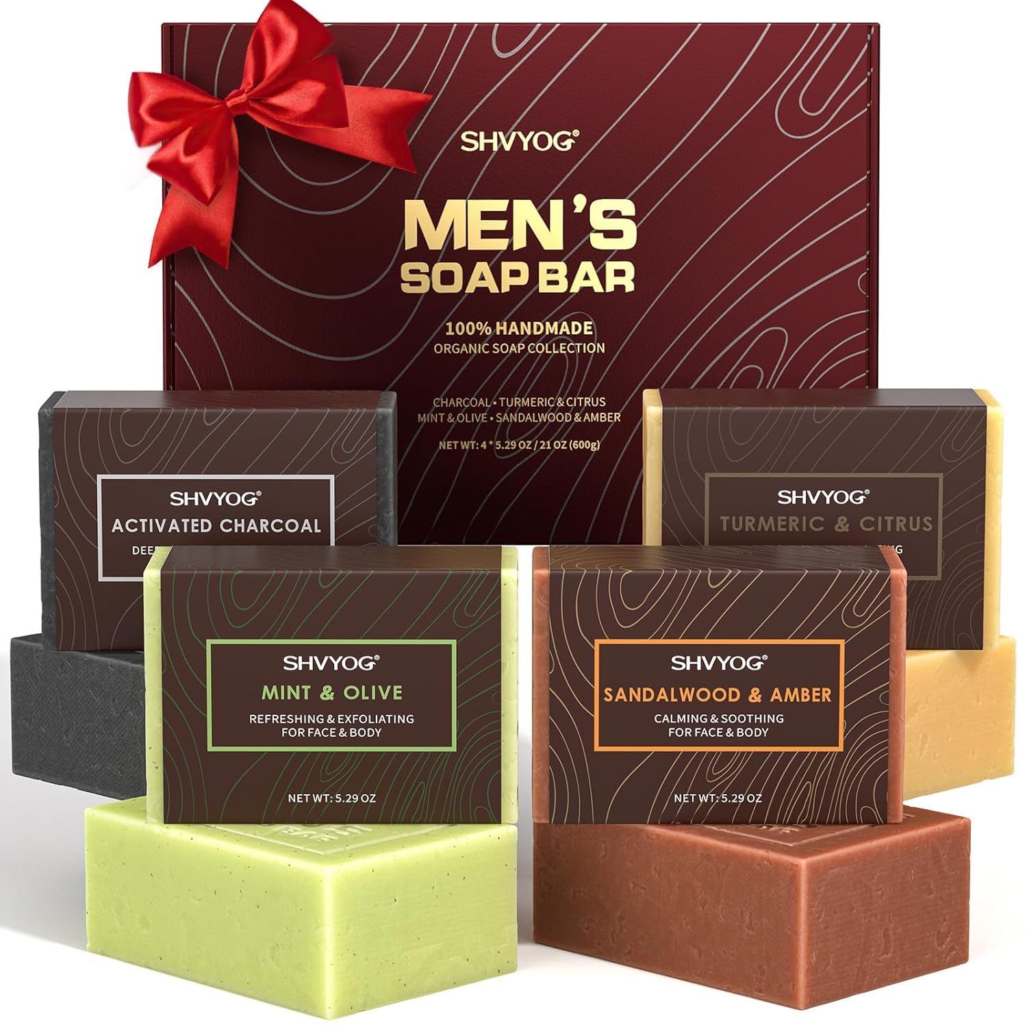 4 Pcs Natural Men`s Soap, SHVYOG Men`s Bar Soap, Handmade Exfoliating, Deep Cleansing, Refreshing, Moisturizing Bar for Body & Face - Sandalwood Amber, Mint, Charcoal, Turmeric, 600g