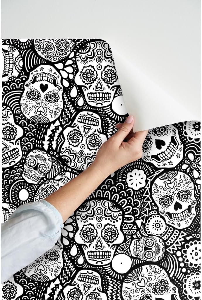Peel & Stick Wallpaper 9ft x 2ft - Mexican Sugar Skulls Black White Extra Small Skull Coloring Halloween Custom Removable Wallpaper by Spoonflower