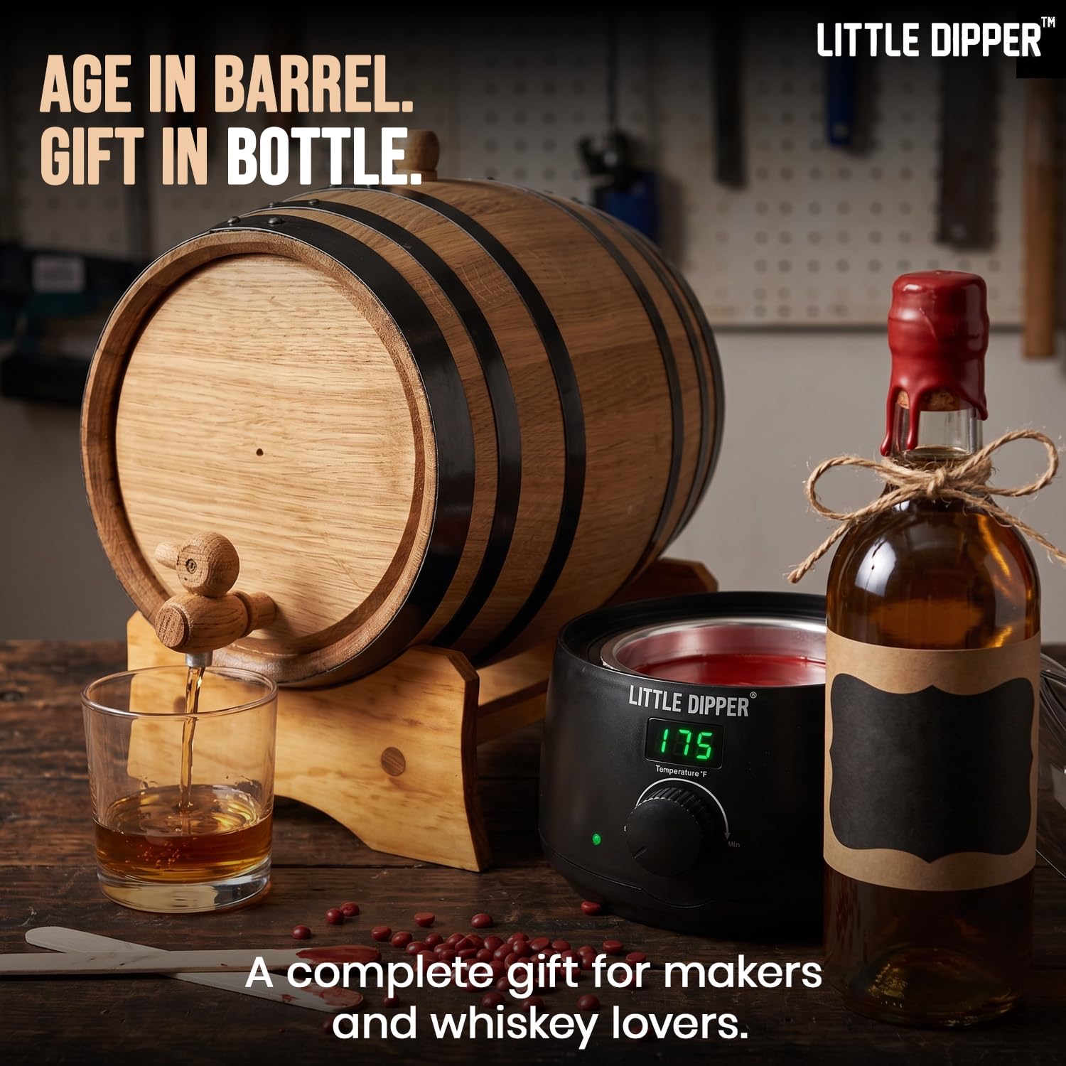 Little Dipper - Kit de cera para sellado de botellas, perfecto para hacer whisky, infusión de alcohol, elaboración de vino casero y embotellado de cerveza Incluye calentador de cera eléctrico,