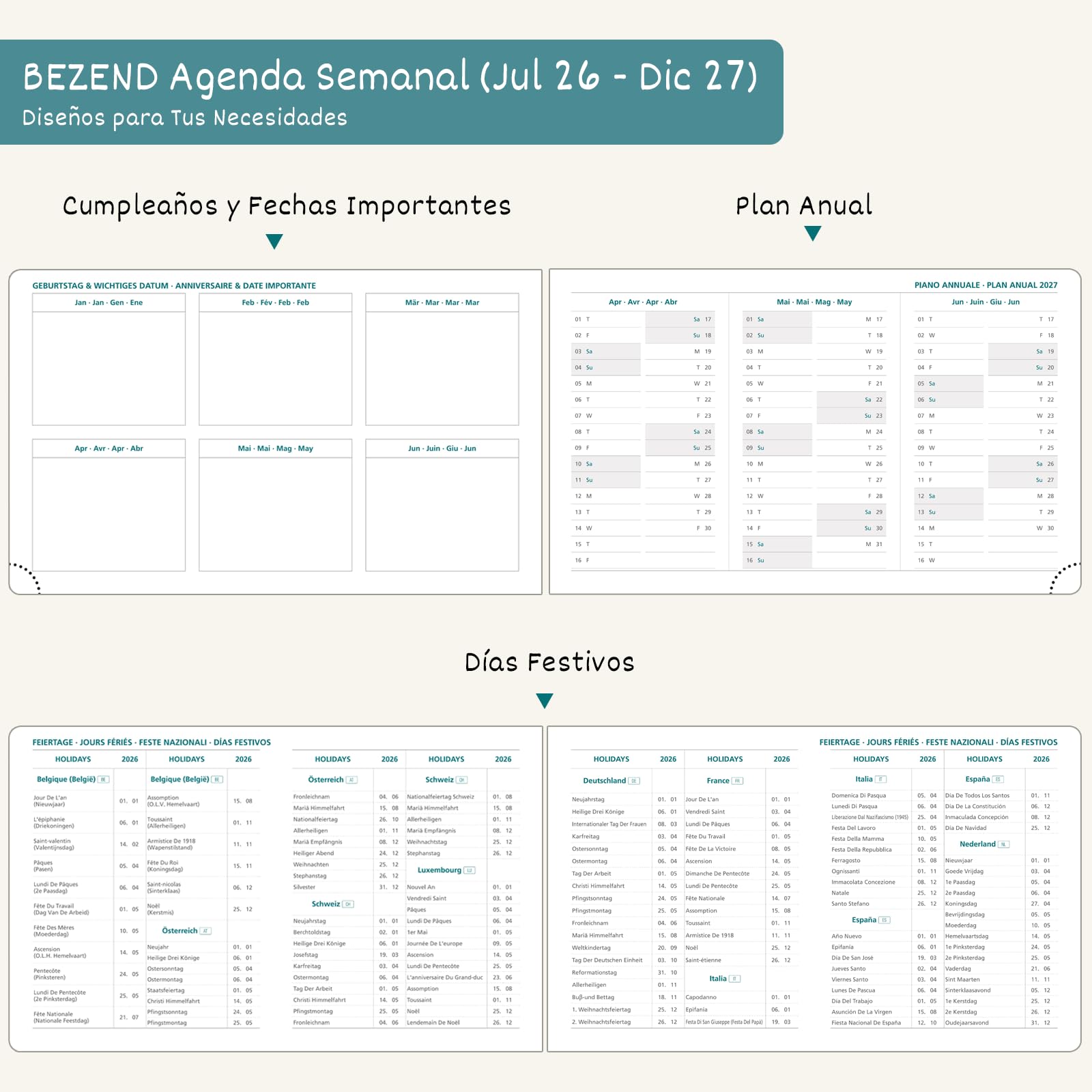 BEZEND Agenda Escolar 2026 2027 Semana Vista Pequeña, 18 Meses de Jul.26 a Dic.27, Agenda Semanal de Bolsillo 16,7 x 9,4 cm, Formato Horizontal, Borde de Oro Rosa, Tapa Dura Cuero PU, Beige