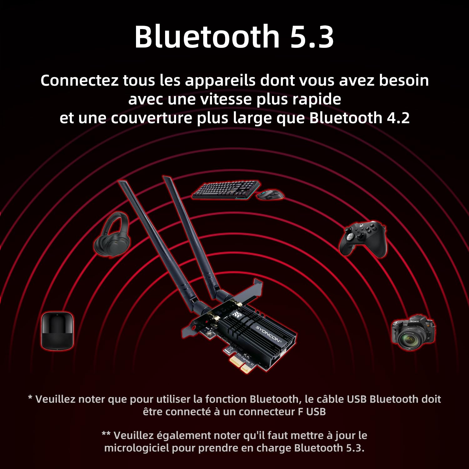Carte WiFi PCIe AXE5400 Chipset Intel AX210 WiFi 6E avec Bluetooth 5.3 Tri-Bandes (6GHz/5GHz/2.4GHz) 5374Mbps PCI Express Carte réseau sans Fil Carte WiFi pour PC Windows 10/11 (Noir)