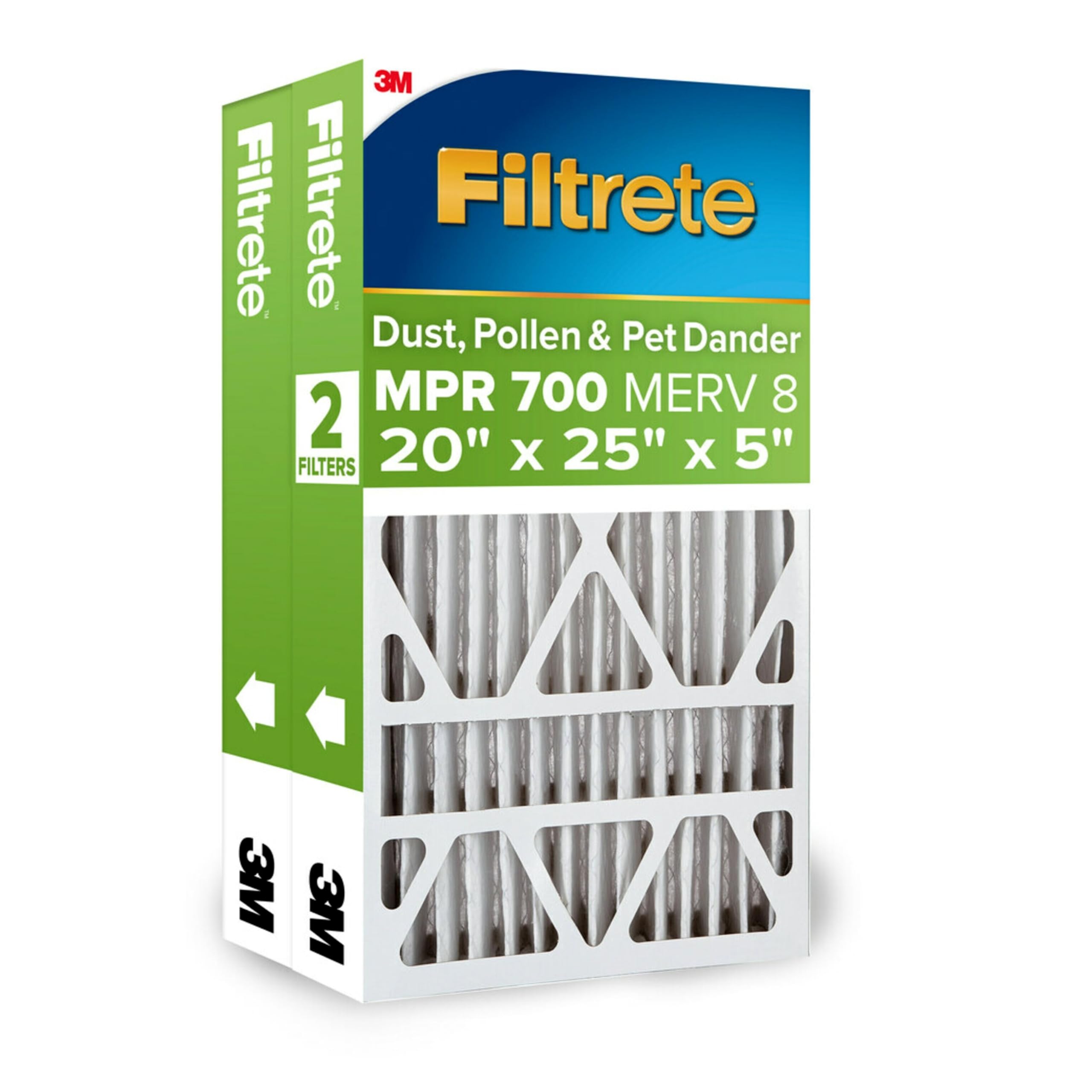Filtrete 20x25x5 Air Filter, MPR 700, MERV 8, Clean Living Dust, Pollen and Pet Dander Reduction Pleated 5-Inch Air Filters, 2 Filters, White
