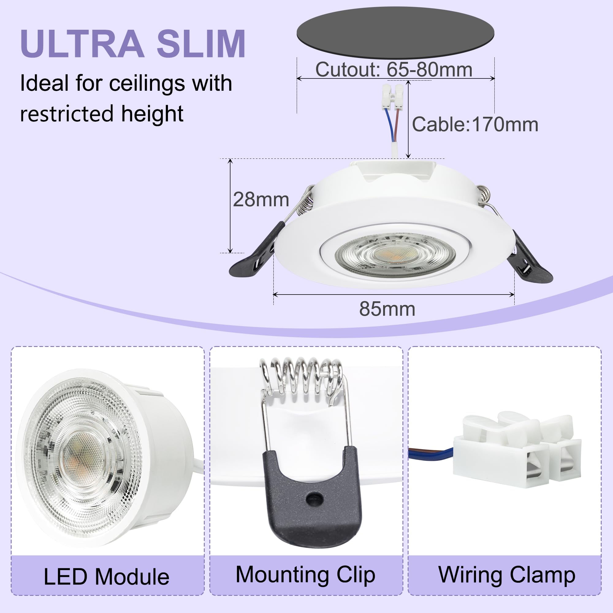 LED Einbaustrahler 230V Dimmbar 68mm 5.5W IP44 LED Spots Ultra Flach Deckenspots 45° Schwenkbar Einbauleuchten 3000K/4000K/6000K Spots Deckenleuchte für Bad Wohnzimmer Küche, Weiß 6er Set
