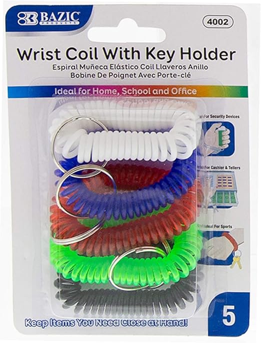 BAZIC Wrist Coil Wrist Key Chain, Assorted Color Stretch Flexible Key Holder Bracelet, Wrist Band Key Ring for Gym Pool ID Badge (5/Pack), 1-Pack